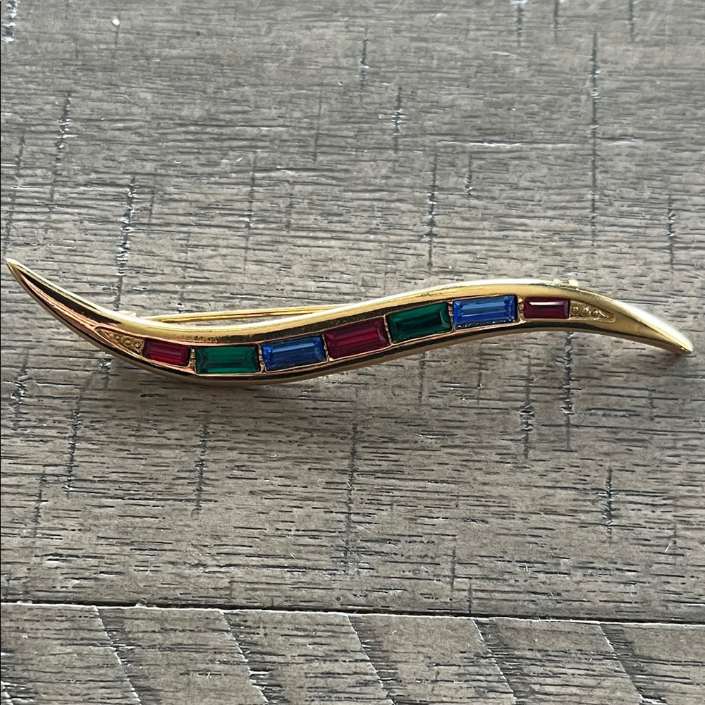 Gold‎ Tone Art Deco Brooch with Multicolor Rhinestones